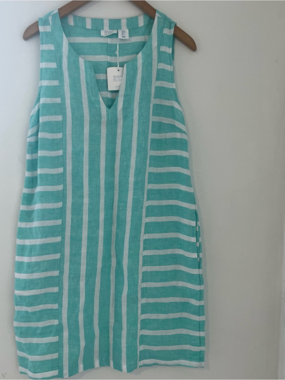 Sigrid Olsen Teal and White Striped Sleeveless V-Neck 100% Linen Mini Dress